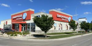 Exterior view of Shoppers Drug Mart at Southglen Shopping Centre, 710-730 St. Anne's Road in Winnipeg, MB.